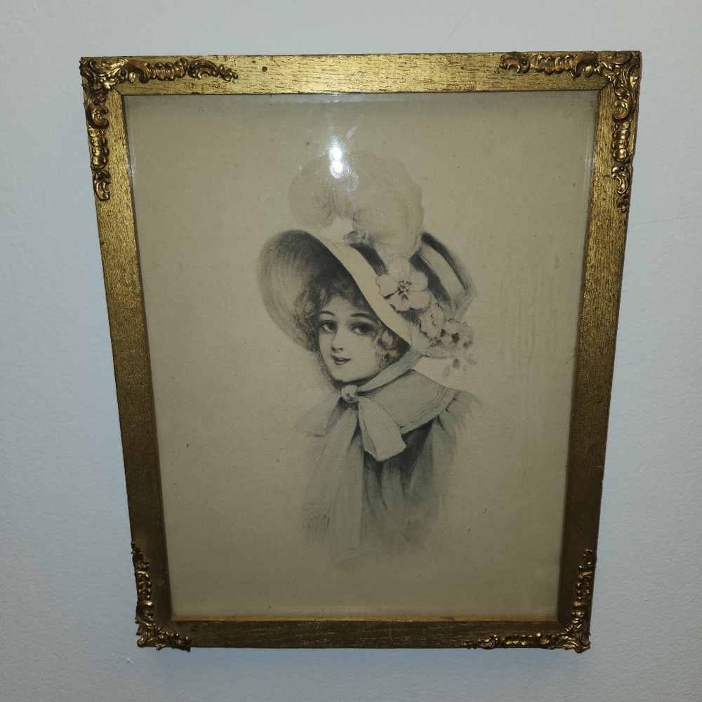 Vintage Italian Flower gold ornate gilt Victorian art print woman wall frame